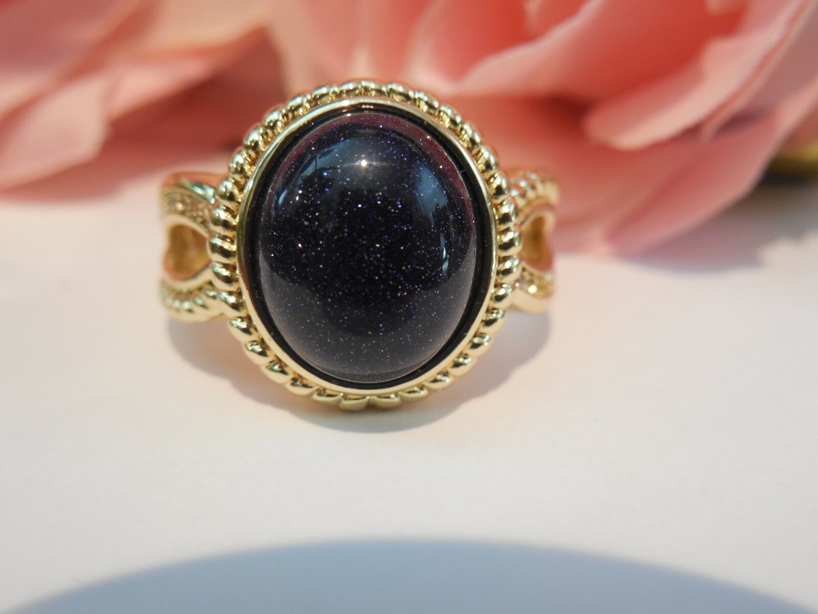 925 Silver Ring With Gold Overlay Starry Night Blue Cabochon Stone ring