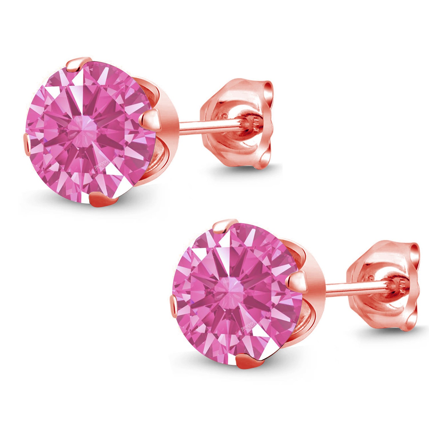 18K Rose Gold Plated Silver Stud Earrings Set with Round Pink Zirconia