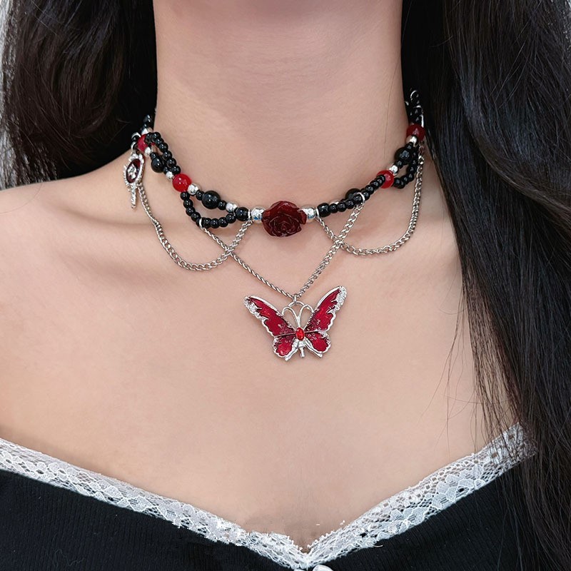 Butterfly Choker Necklace Red Black Beaded Chain Pendant Y2K Punk Alternative