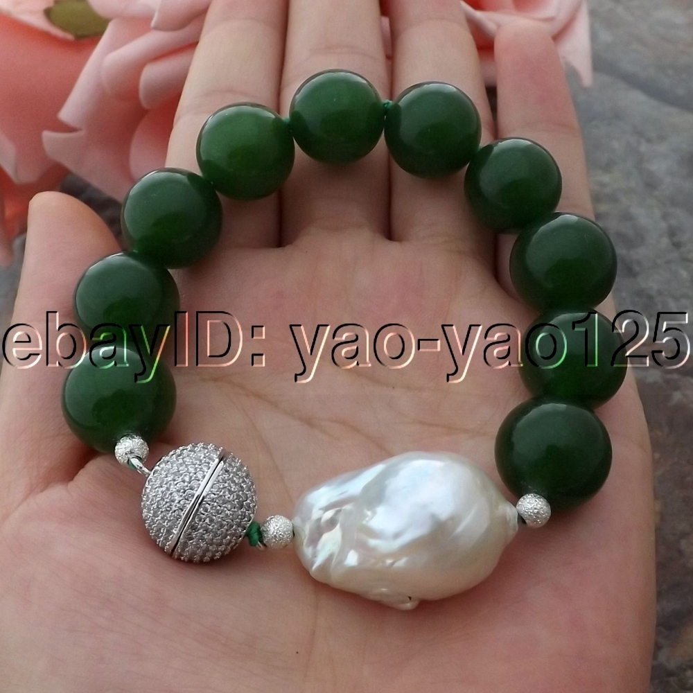 K061211 8” 16MM Green Jade White Keshi Pearl Bracelet