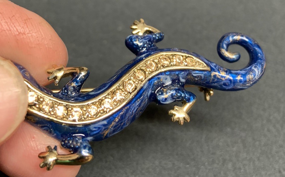 Vintage Monet Blue Lizard Salamander Pin Brooch Rhinestones 2.4” in Long USED