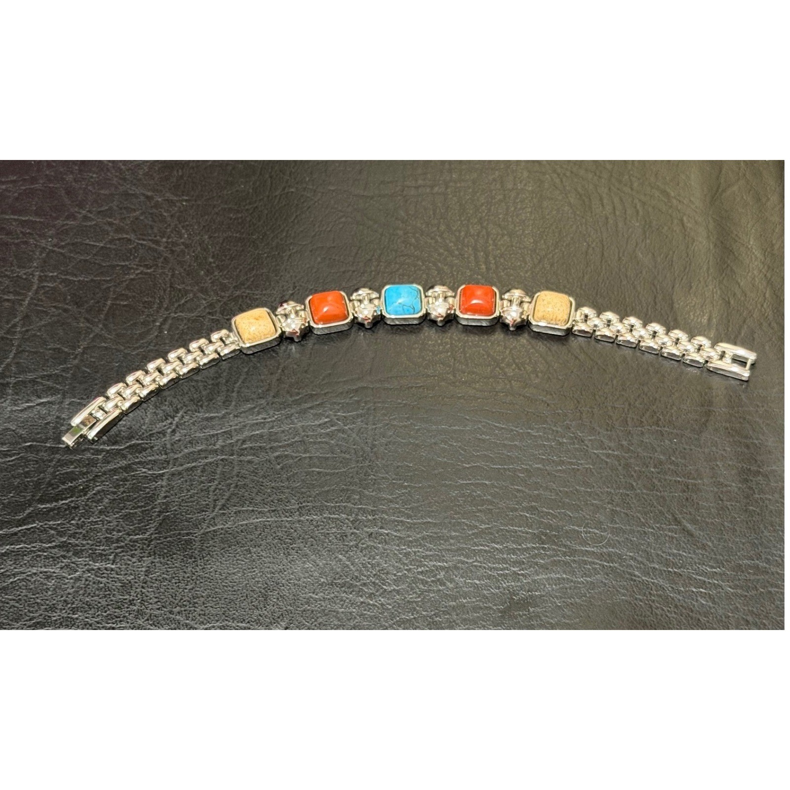 Link Bracelet Womens Multi Faux Stone Silver Excellent Southwestern Boho Square