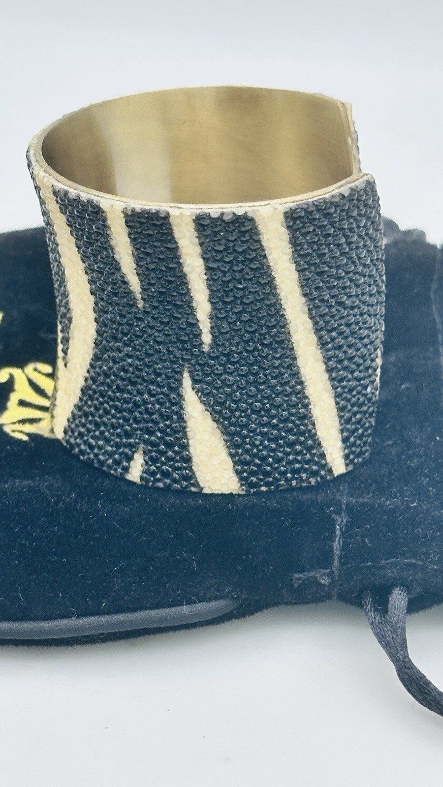 Rustic Cuff Wide Zebra Stripe Shagreen Style Cuff Black Ivory Goldtone