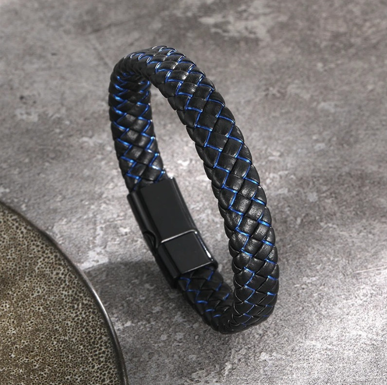 1pcs Black Braided Leather Bracelet for Men with Stainless Steel Magnetic Clasp