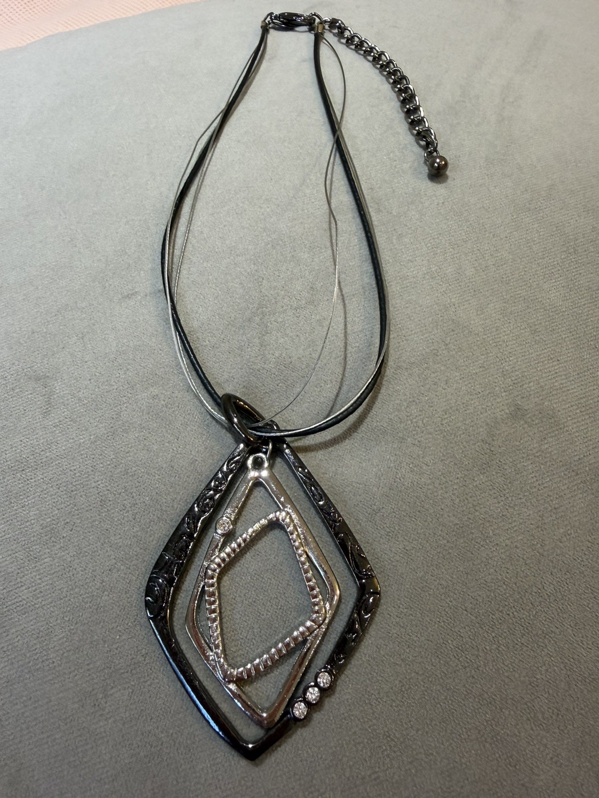 Chico’s Two-Tone Geometric Diamond Pendant Multi-Strand Cord Necklace Rhinestone