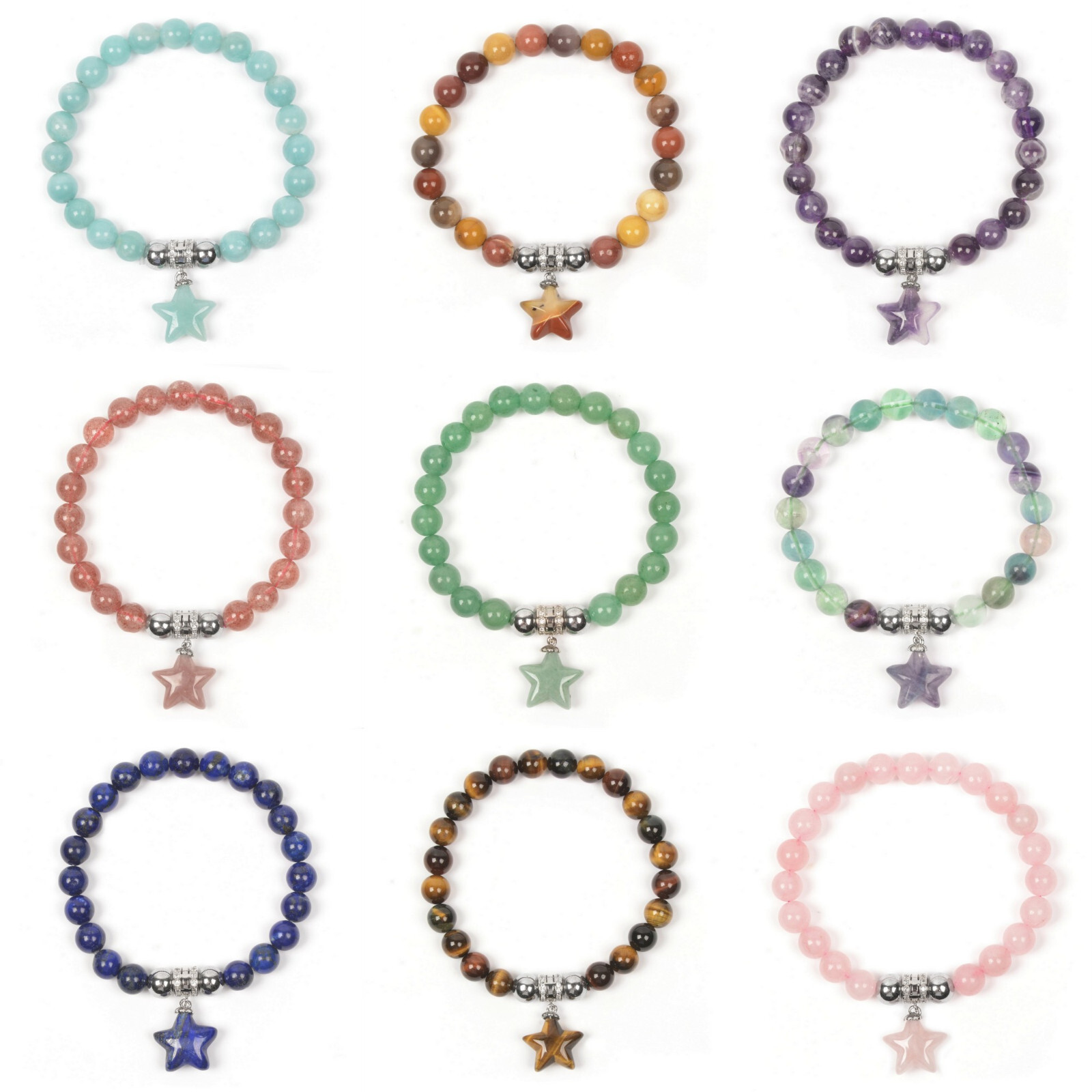 8mm Fashion round gemstone beads star stretchable bracelet 7″