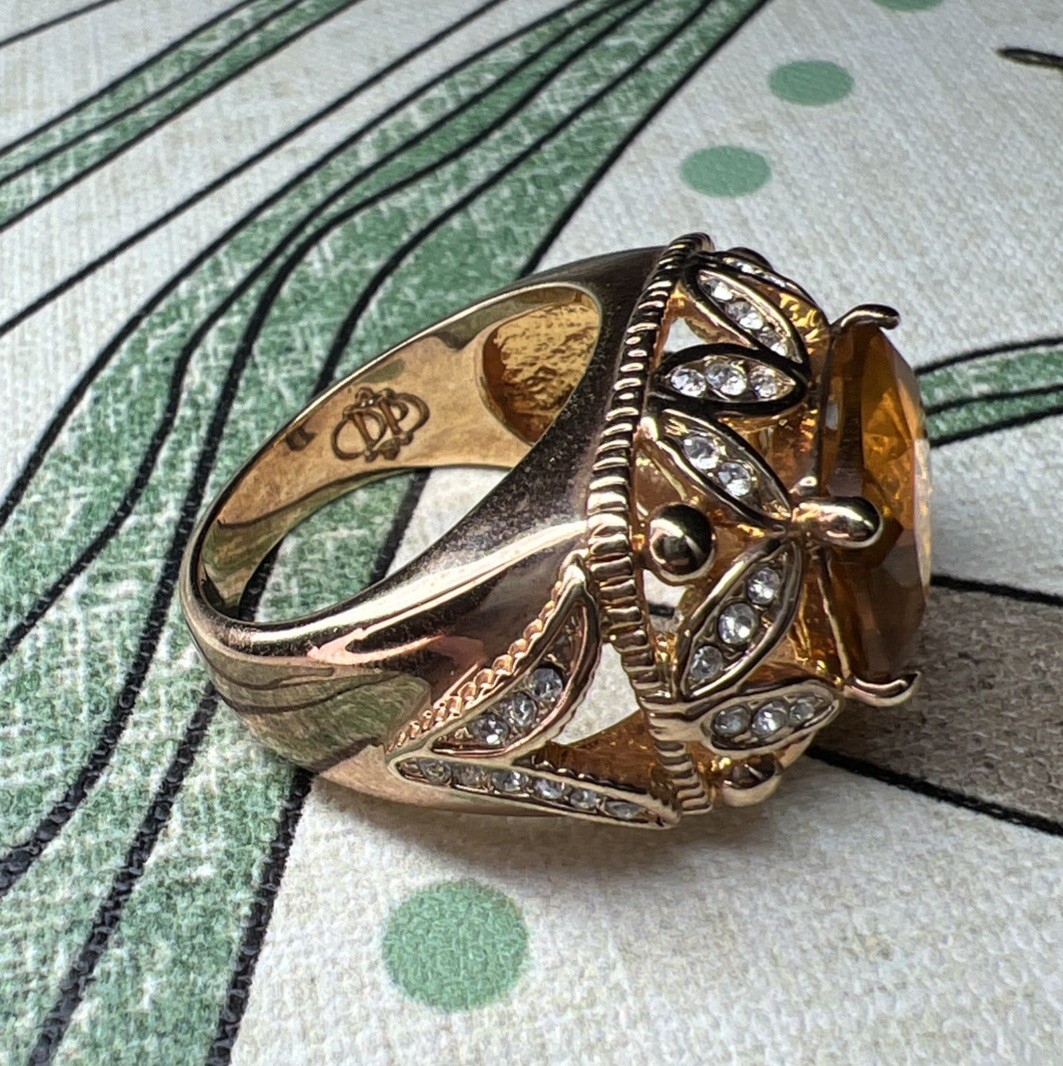 HSN Doris Panos Statement Ring Size: 8.75 Dark Yellow & Clear Crystal Gold Plate
