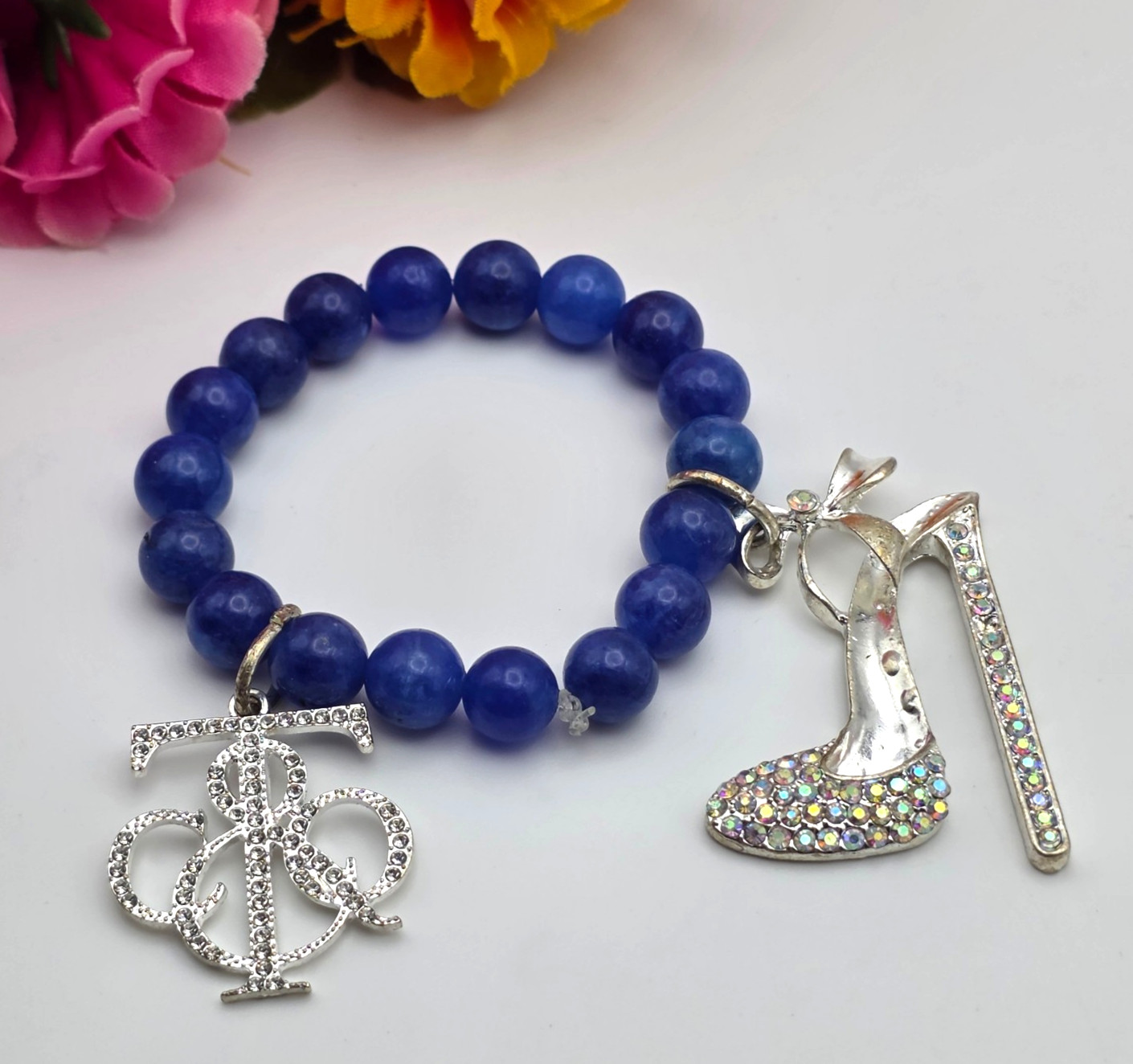 Natural Blue Stone Beaded Stretch Bracelet AB Crystal Pump Shoe Charm 6 In