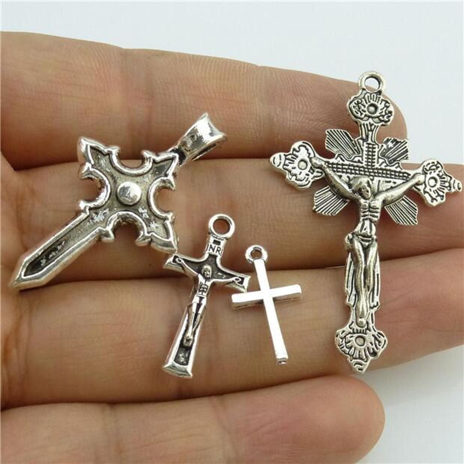 25Pack MIX Cross Pendant Vintage Antique Silver Tone Alloy Faith Religious Charm