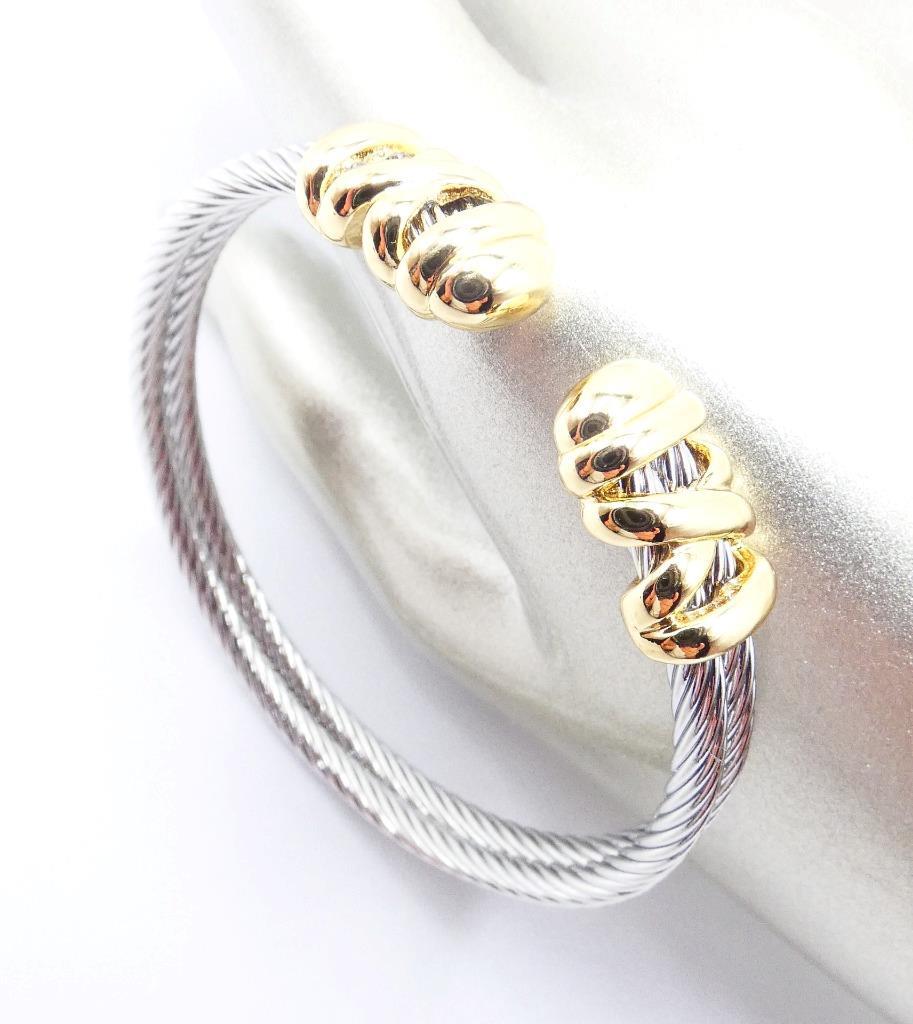 LUXURIOUS 18kt Gold Plated Crisscross X End Tips Double Cable Cuff Bracelet