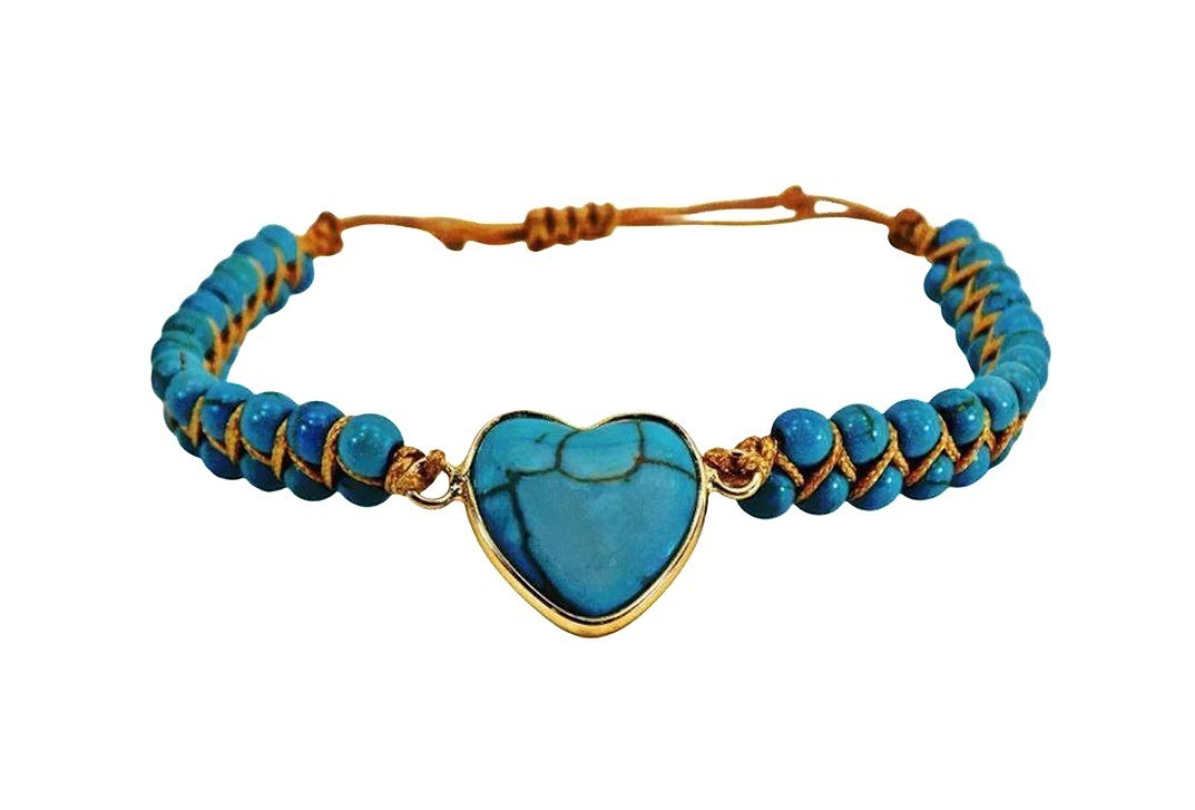 Turquoise stone heart bracelet with all round stones brown cord adjustable New