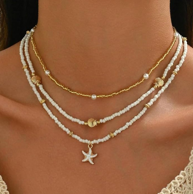 Starfish Necklace for Women, 14K Gold-Plated Boho Layered Beaded Charm Necklace,