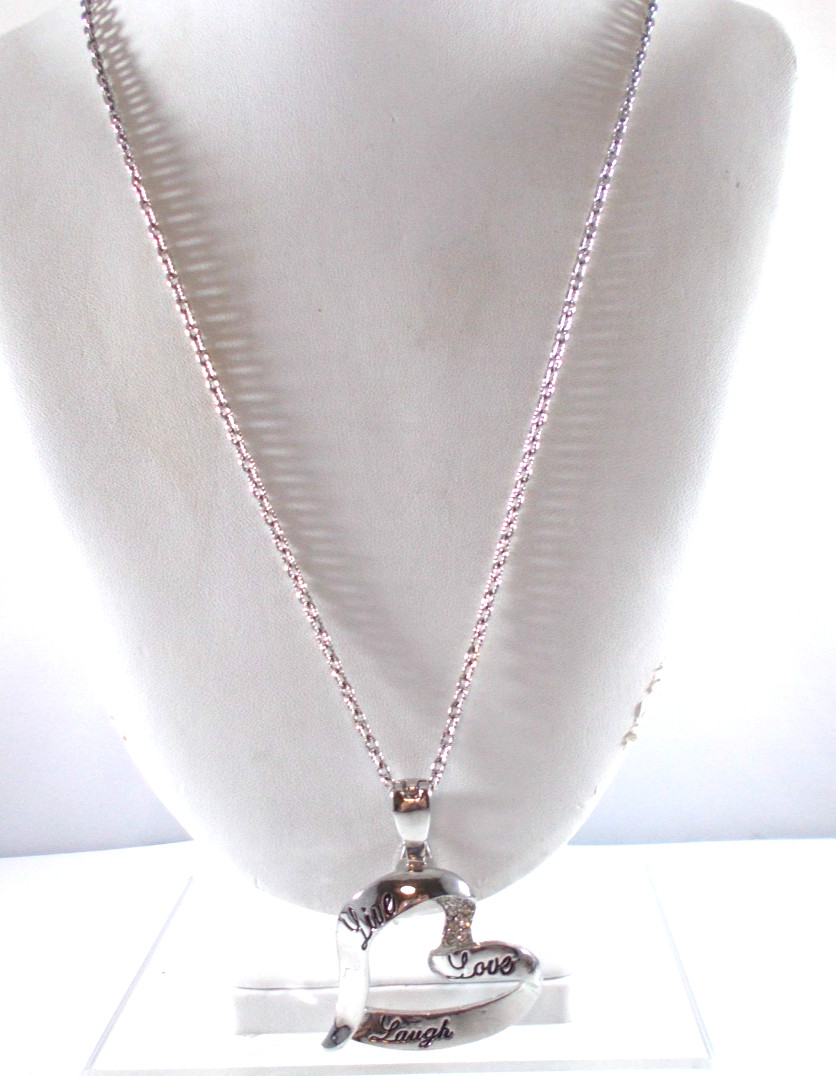 Signed Roman Live Love Laugh Open Heart Silver Tone Pendant Necklace Free Ship