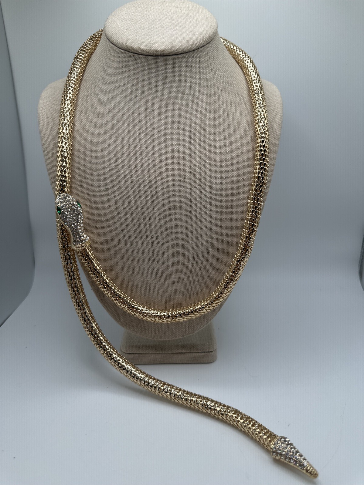 Green & White Crystal Gold Tone Mesh Magnetic Snake Necklace