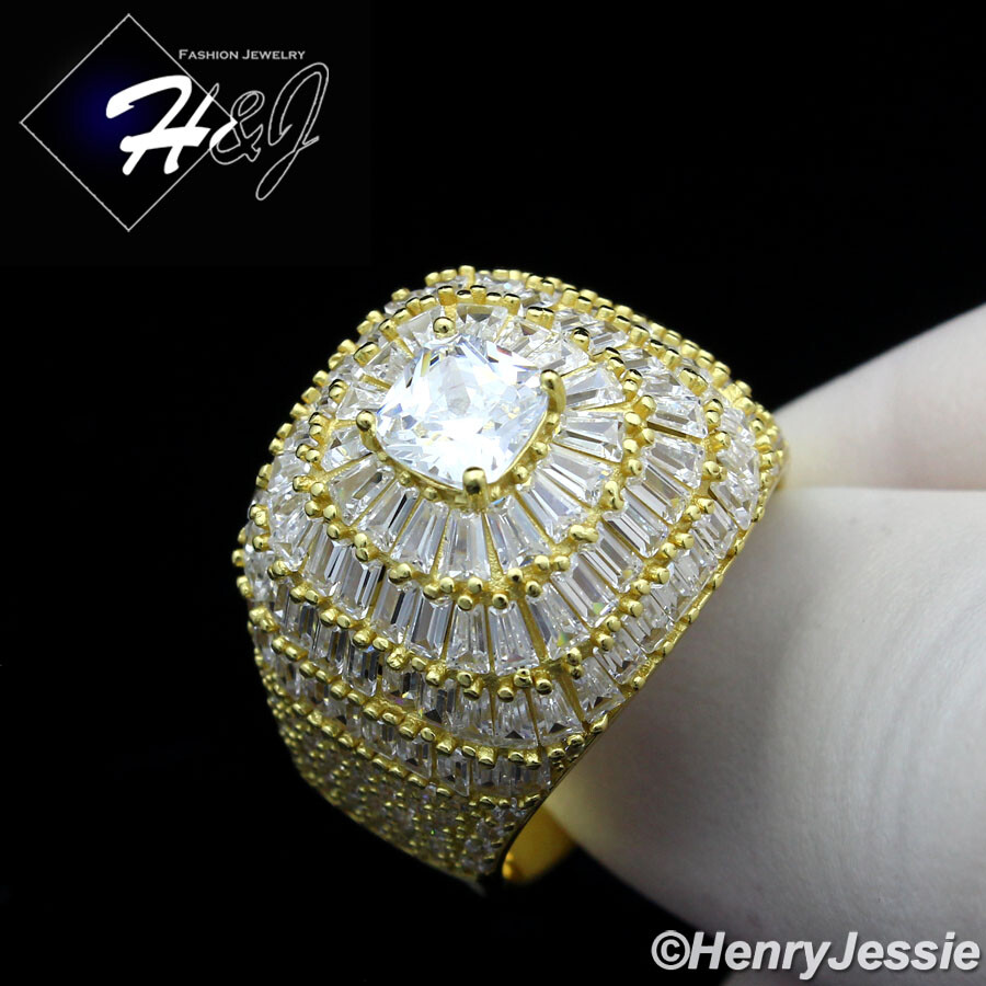 MEN 925 STERLING SILVER ICY BAGUETTE CZ 3D GOLD PLATED SQUARE RING*GR173