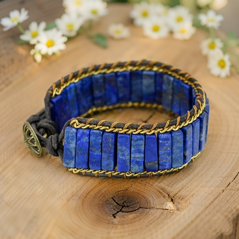 Natural Wide Lapis lazuli Beads Healing Chakra Blue Gemstone Warp Bracelet