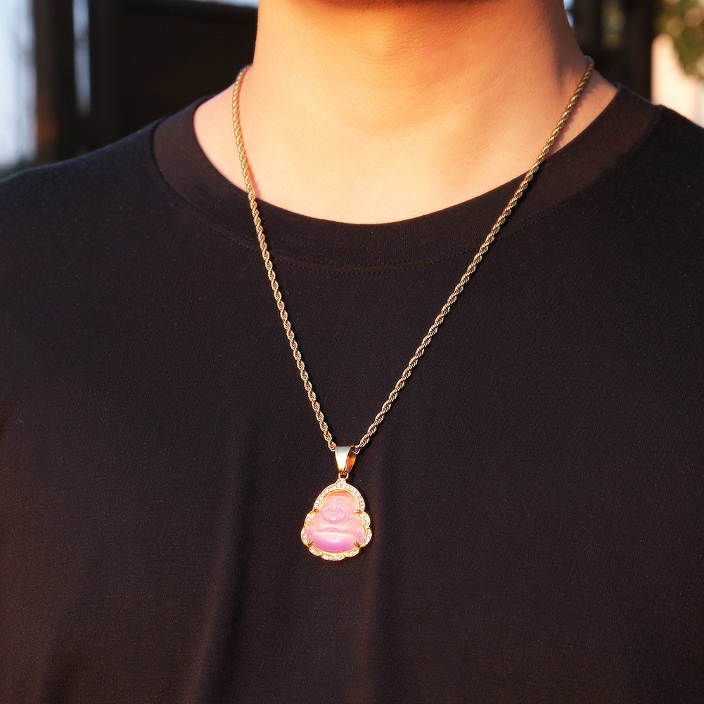 Hip Hop Stainless Steel Maitreya Buddha Pendant Necklace with Rhinestone Jewelry