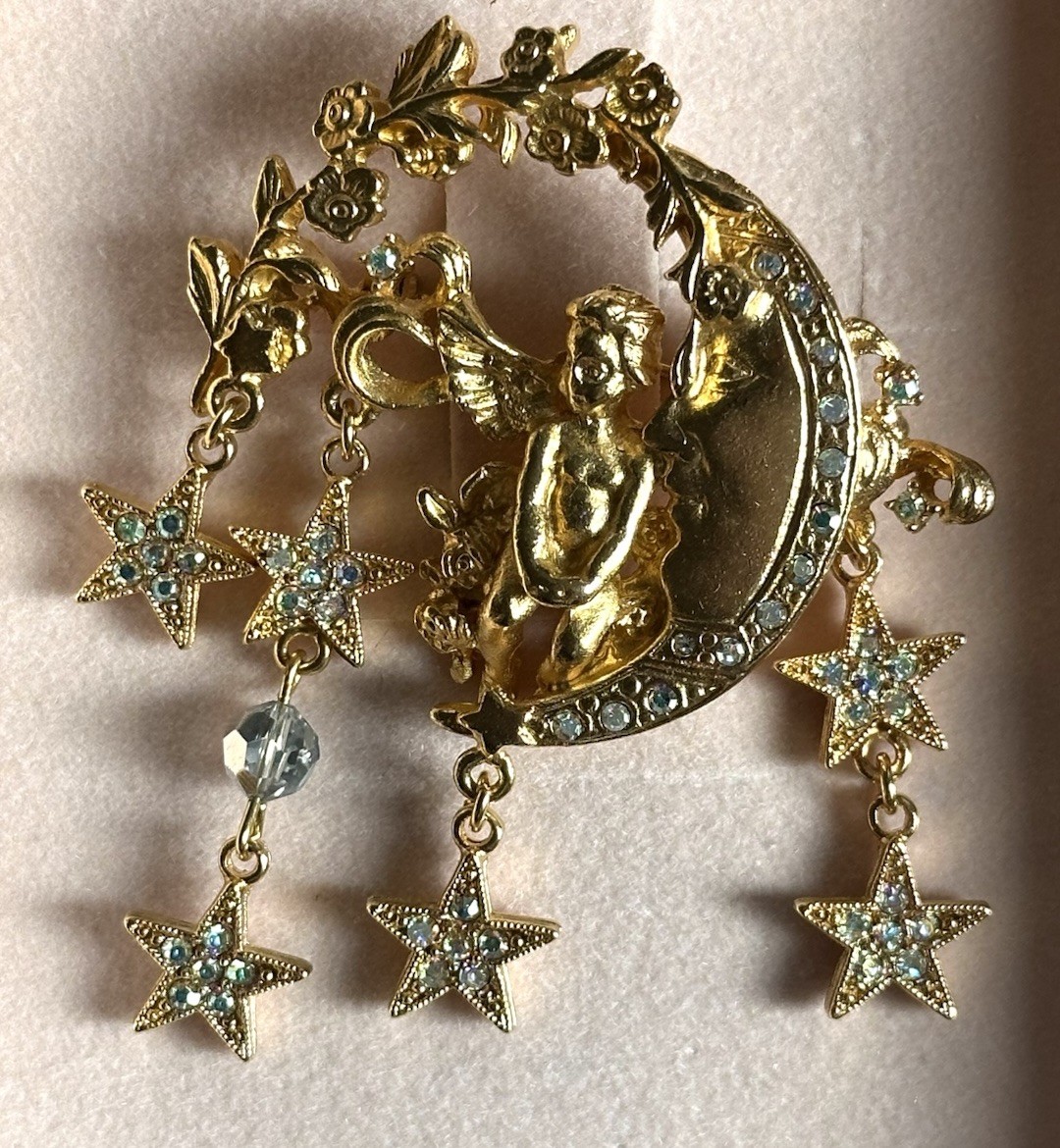 Vintage Retired (NEW) Kirks Folly Celestial Moon Moonflower Cupid Pin Brooch