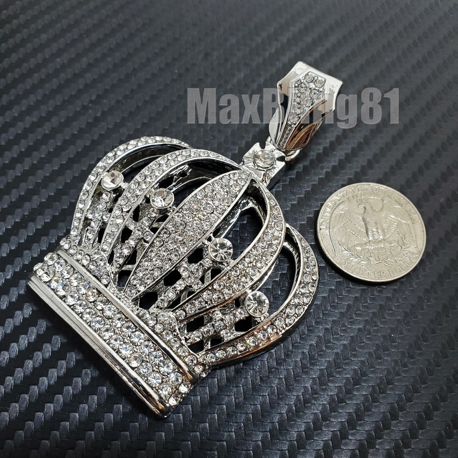 HIP HOP ICED SILVER PLATED CUBIC ZIRCONIA LARGE KING CROWN BLING CHARM PENDANT