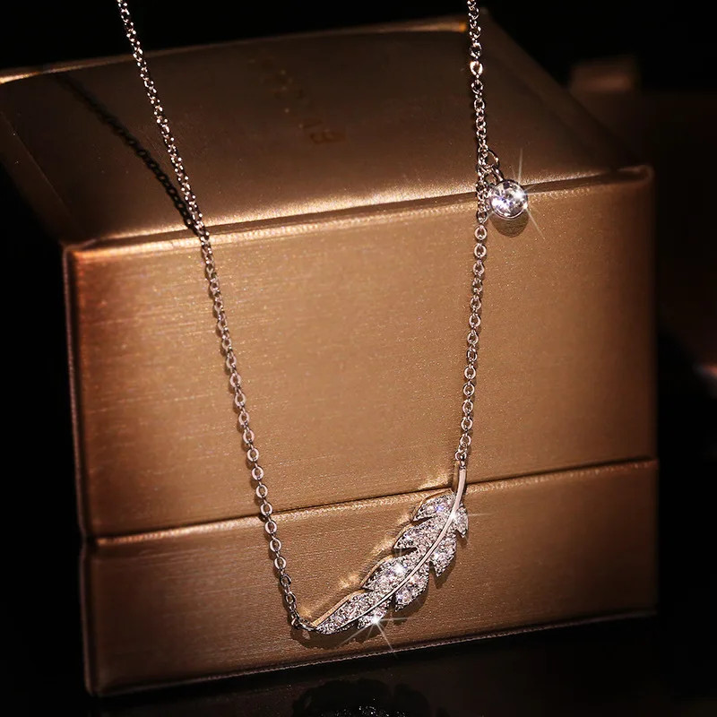 Feather Leaf Pendant Necklace 925 Sterling Silver Micro Pave Women Jewelry