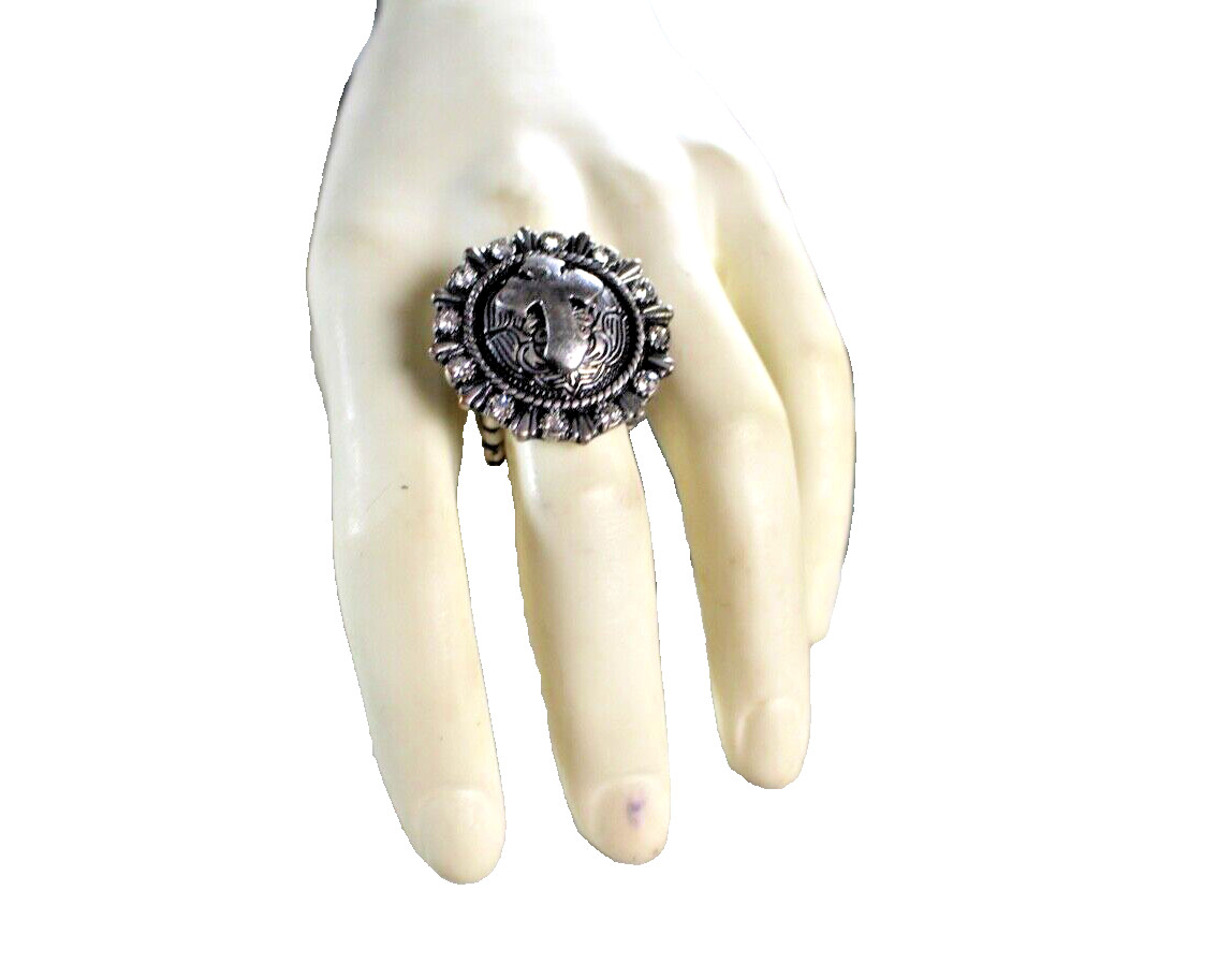 Western Womens Ring 1.25 in Cross Stretch Round Crystal Silver Cowgirl Rodeo