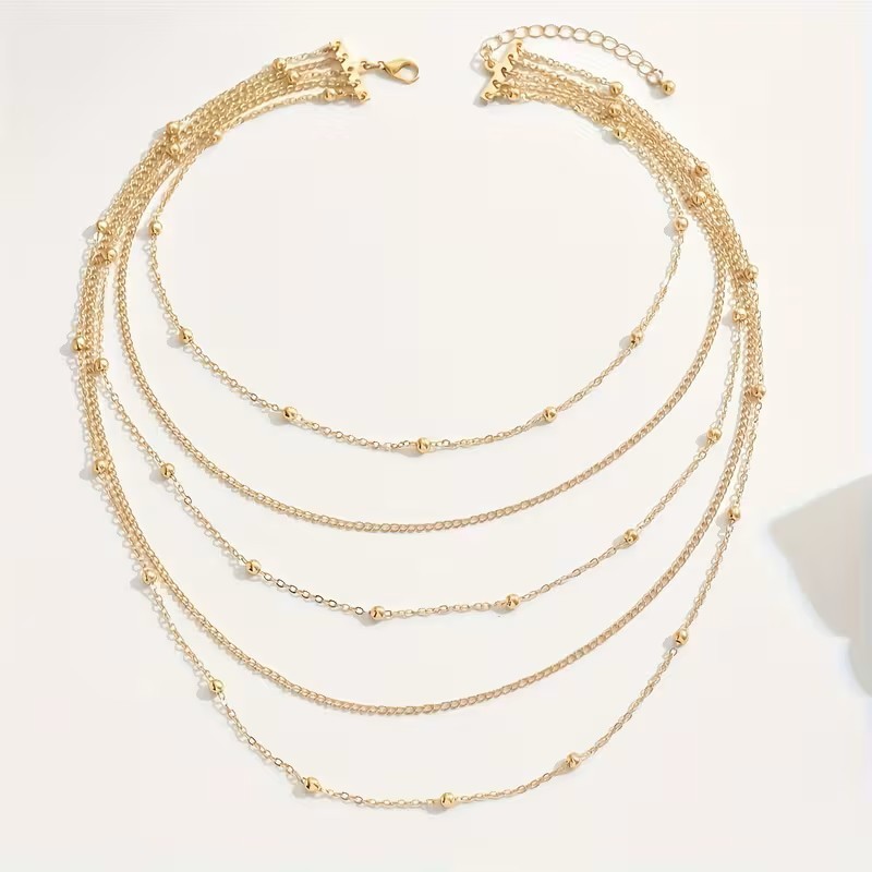 Gold Layered Multi Strand Beaded Chain Necklace Adjustable Choker Boho Statement