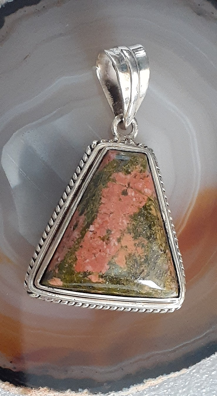 1.75″ Triangular Unakite & Sterling Gemstone Pendant