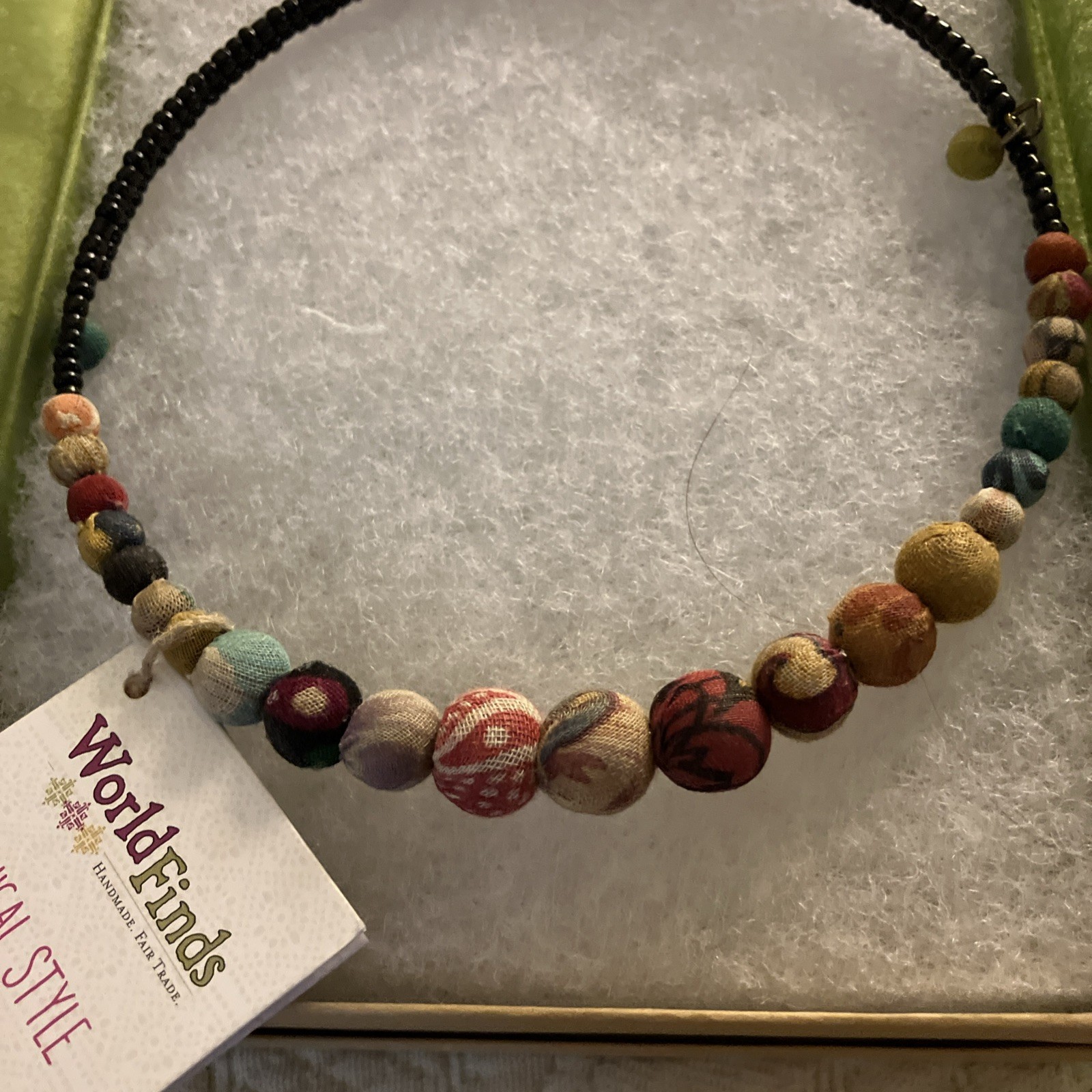 World Finds Fabric Covered Beaded Choker Strand Necklace w/ Tag 74540 Fair Trade