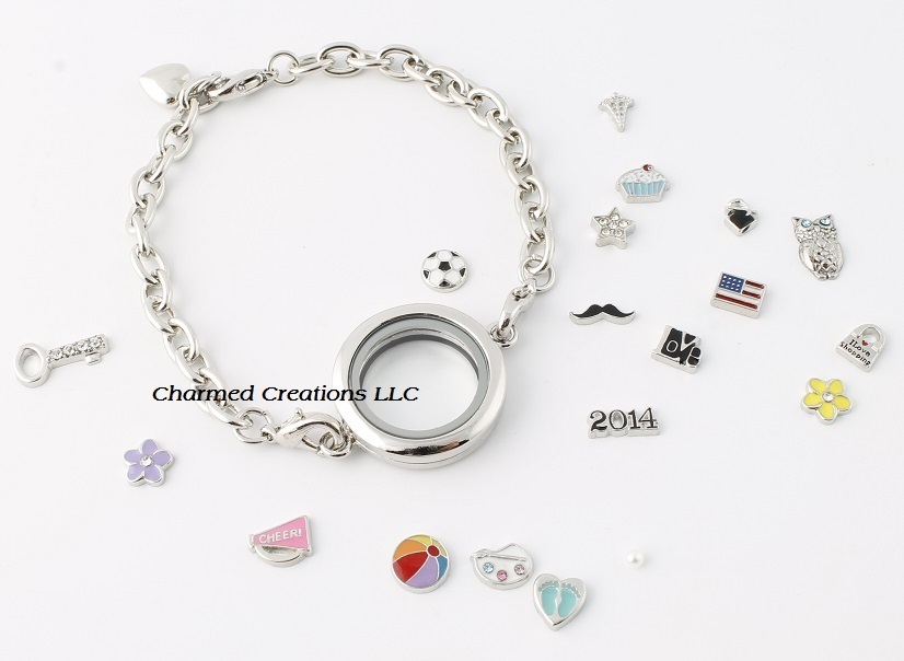 Floating Charm Memory Locket Chain Link Bracelet 25mm Mini Plain Silver Round