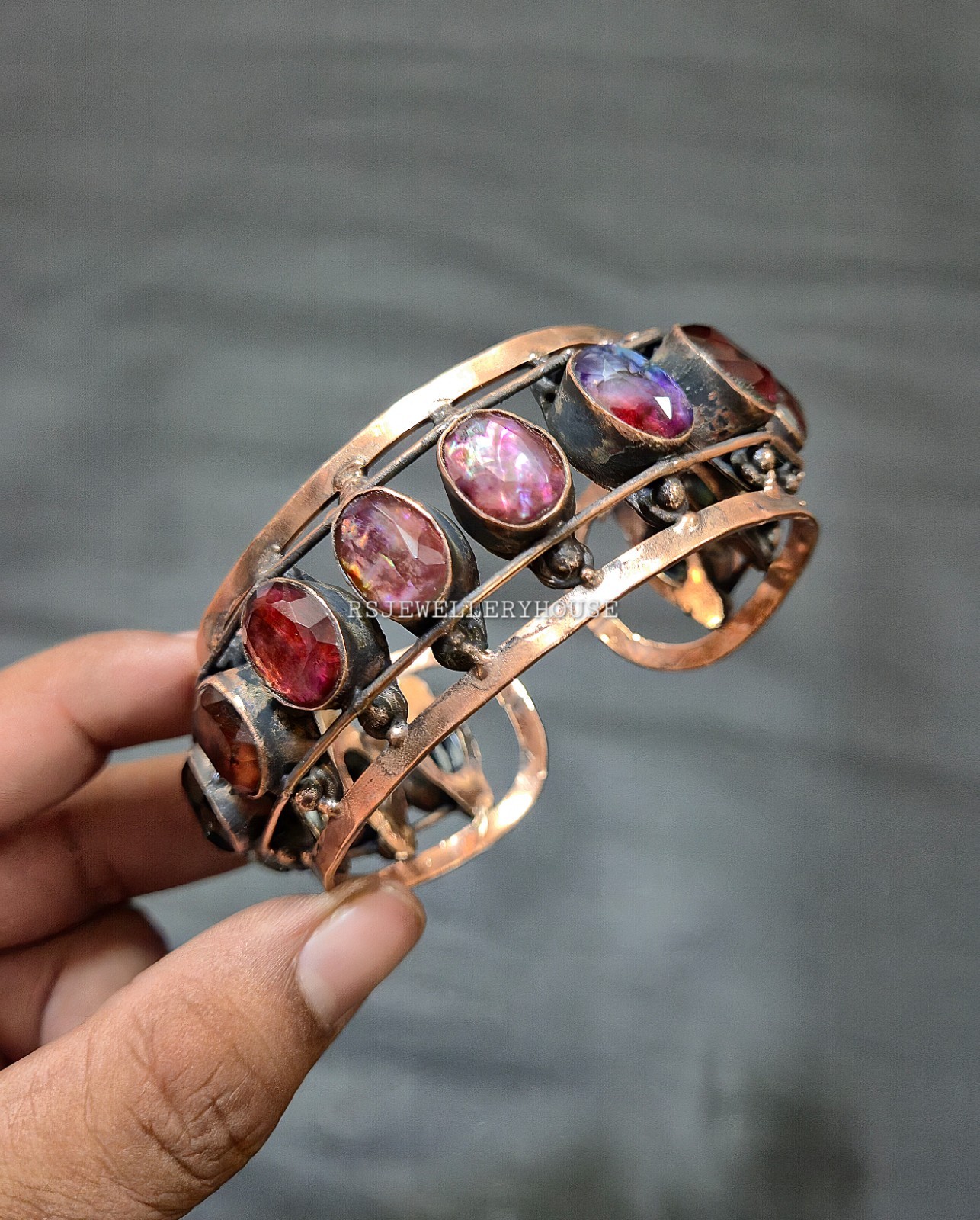 Copper Wire Wrapped Faceted Ammolite Gemstone Cuff Bangle Handmade Jewel Bangle