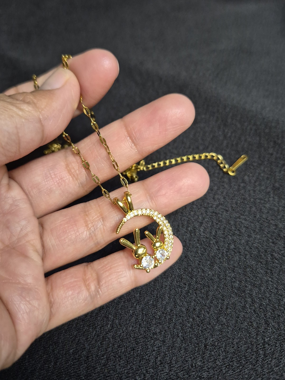 Gold Tone Cable Chain Rabbit Crescent Moon CZ Charm Pendant Necklace Toggle