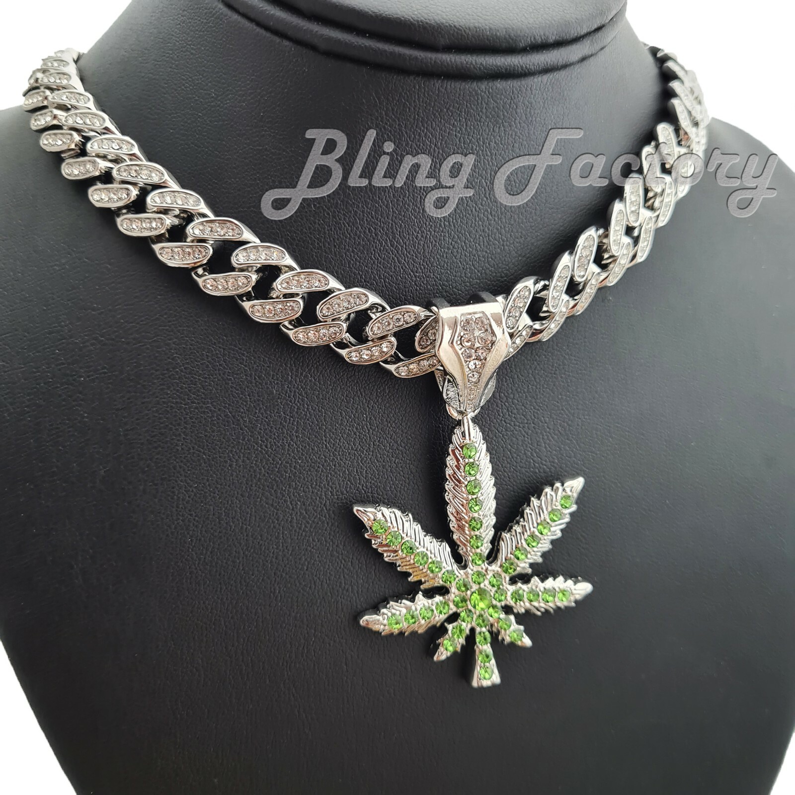 Marijuana Weed Leaf pendant 16″ ~ 24″ Iced Box Lock Cuban Choker Chain Necklace