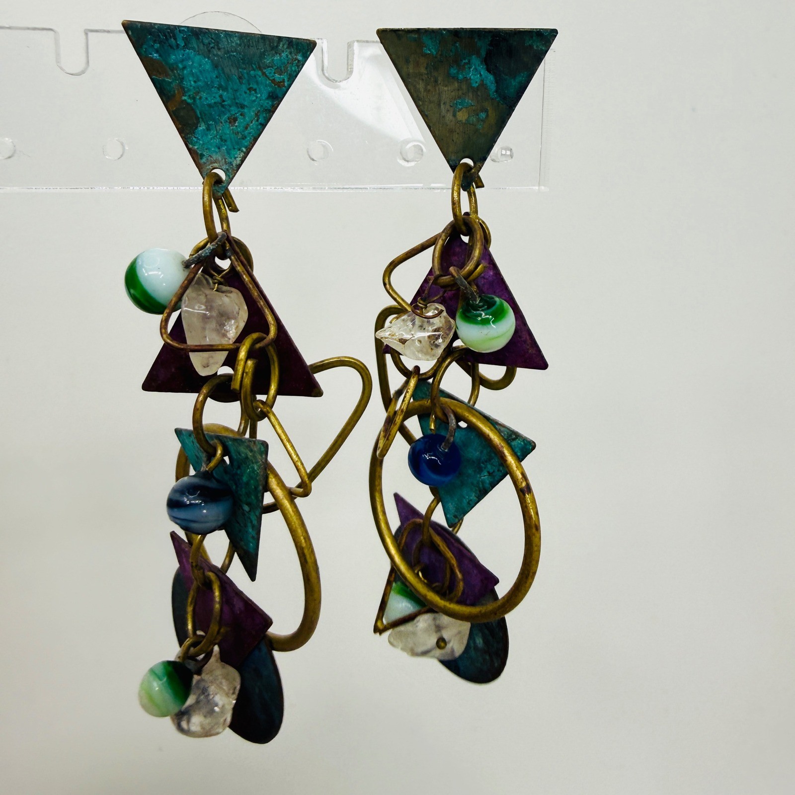 Painted Metal Bib Necklace & Dangle Earrings Jewelry Set of 3 Vintage 80s