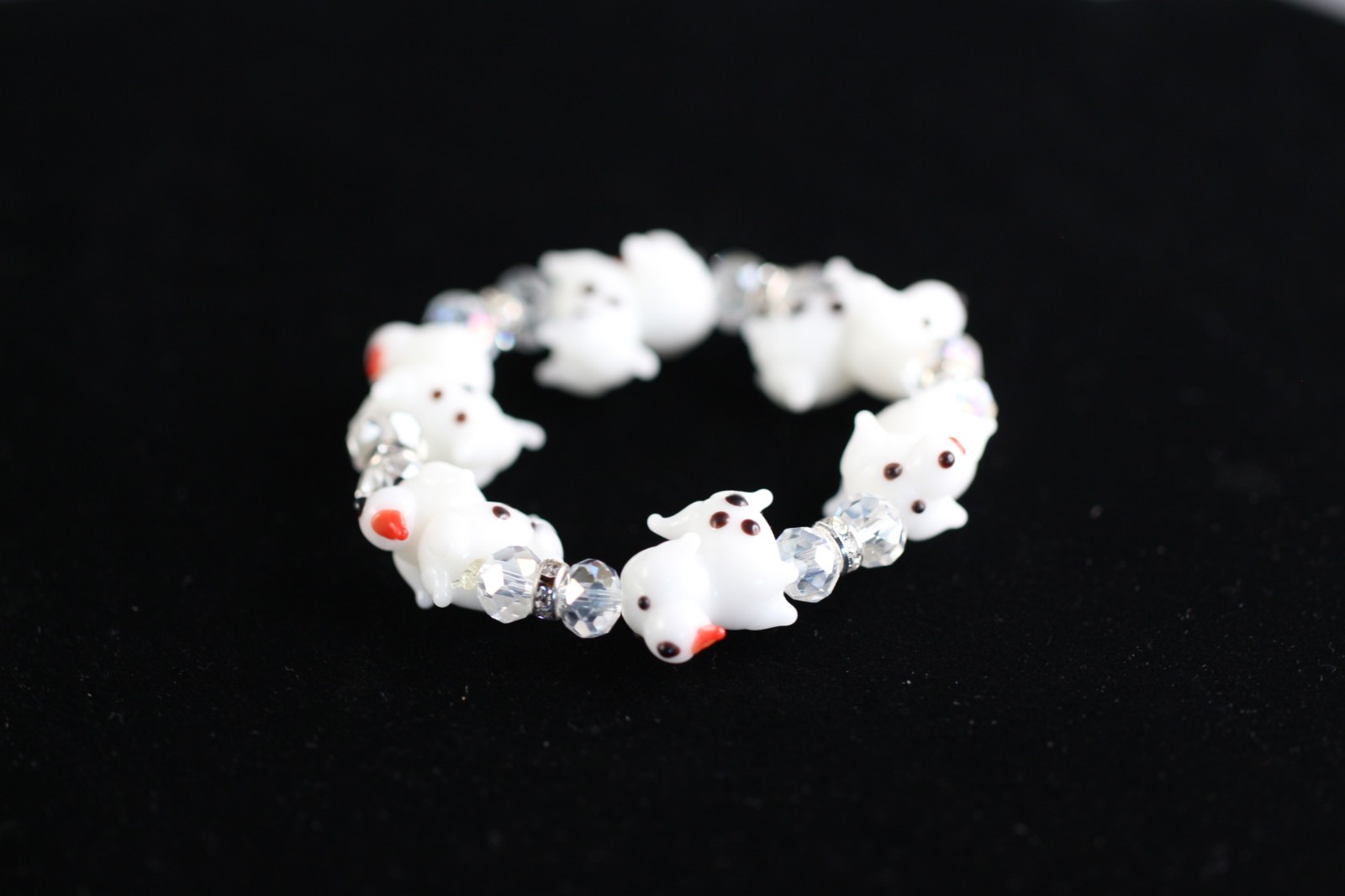 Dog Lampwork Bracelet 6″ Elastic Glass Beads Rhinestone Crystal White Polka Dot