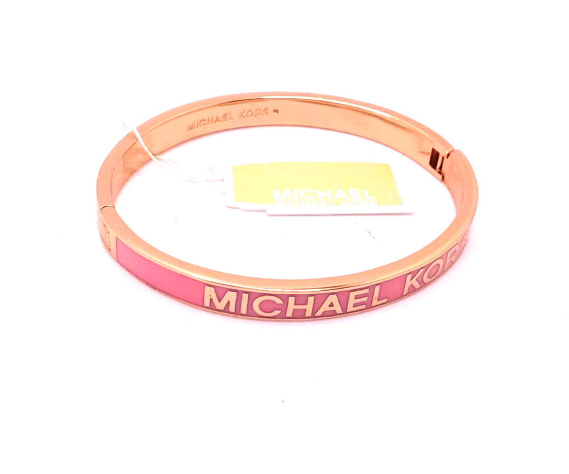 Michael Kors Rose Gold Pink Enamel Inlay Hinged Bangle Bracelet