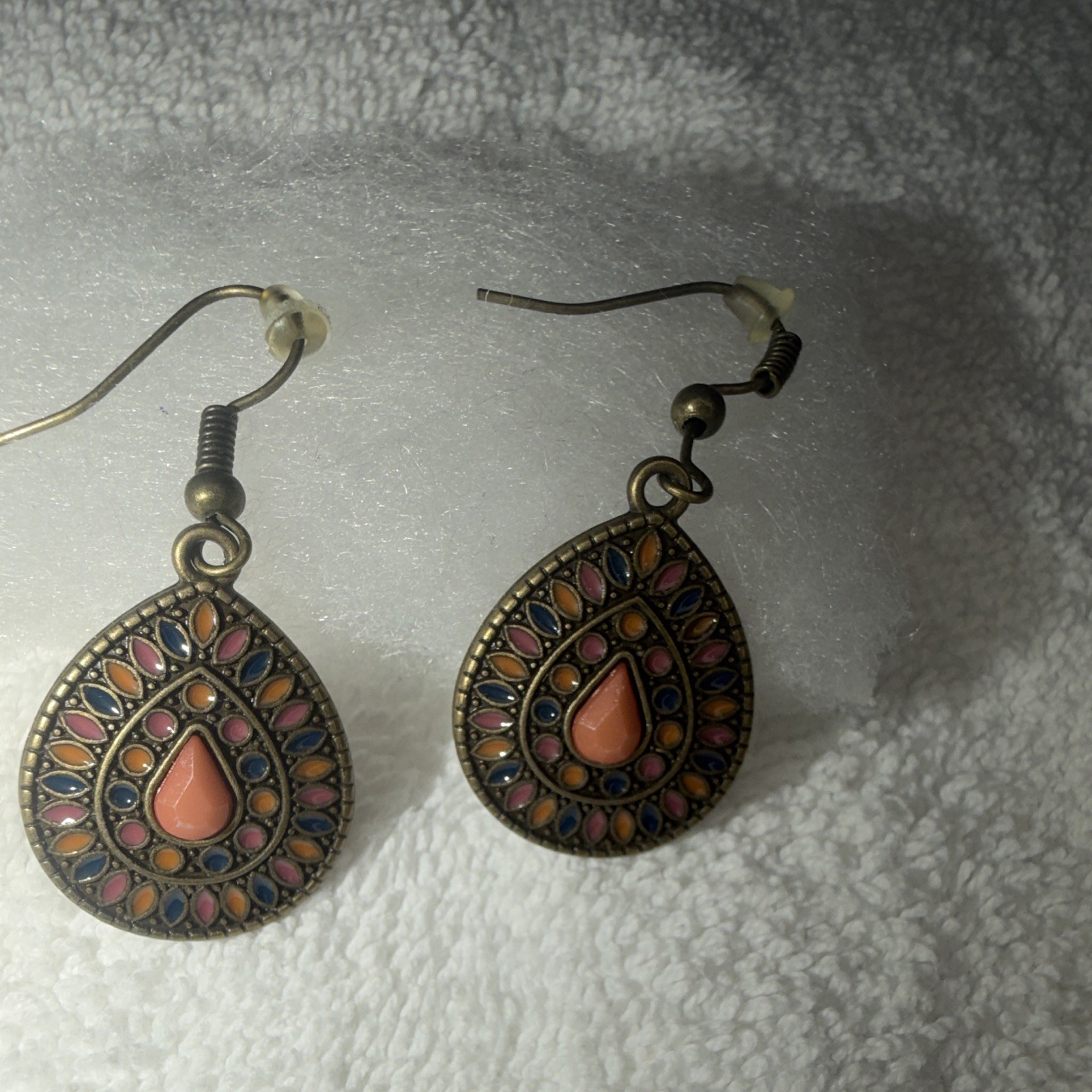 Multicolor Enamel Teardrop Dangle/Drop Hook Earrings Bezel Set No Stone