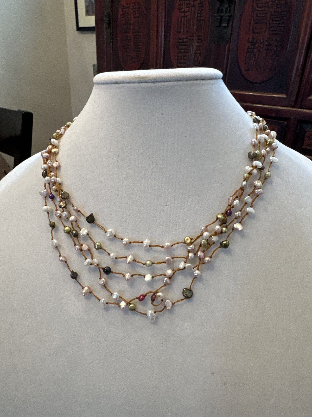 Boho Multi Strand Freshwater Pearl Necklace Pink Green Bronze White Cord Layered