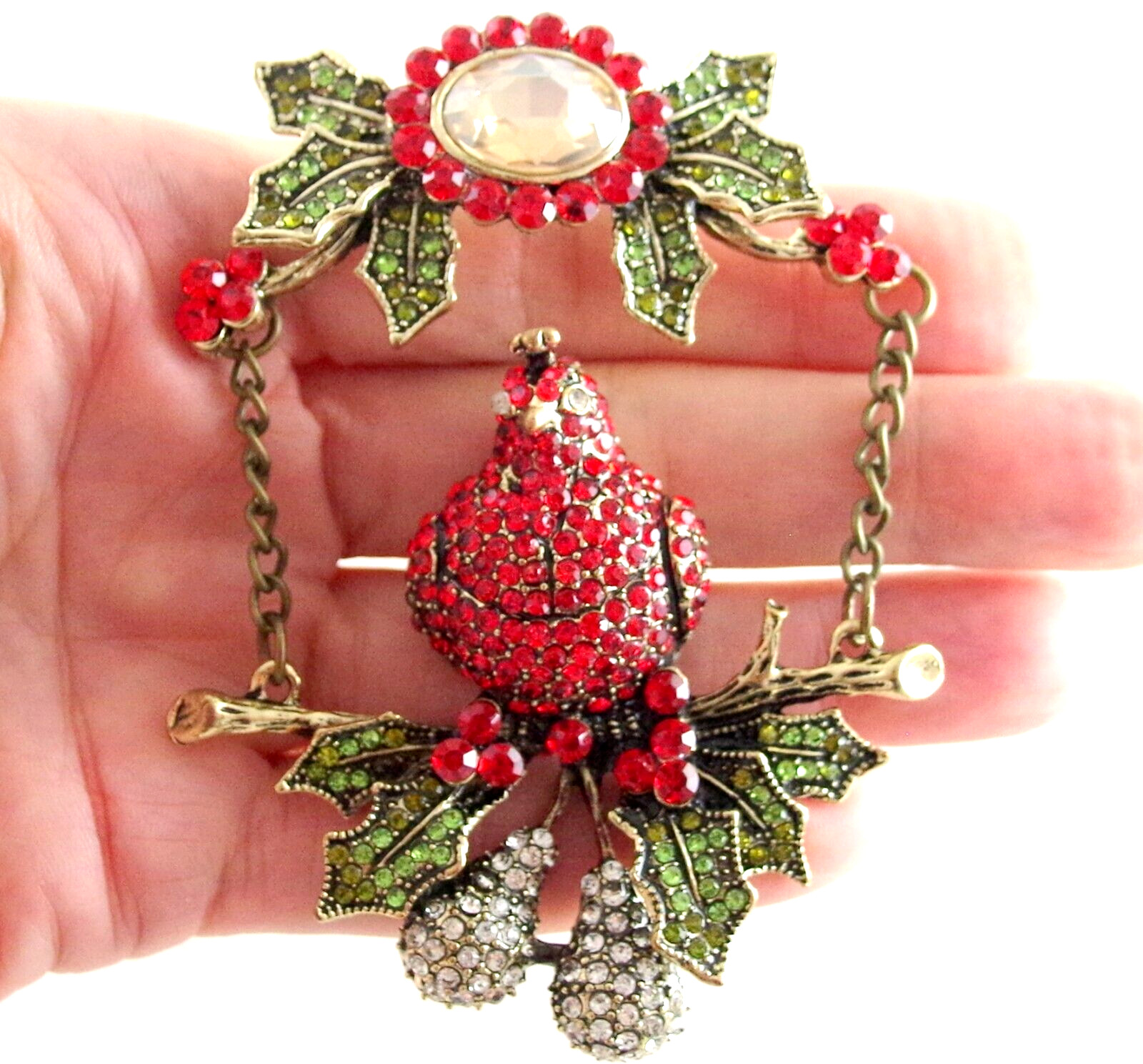 3.5″ NWOT UNSIGNED HEIDI DAUS STYLE PARTRIDGE IN A PEAR TREE CHRISTMAS BROOCH