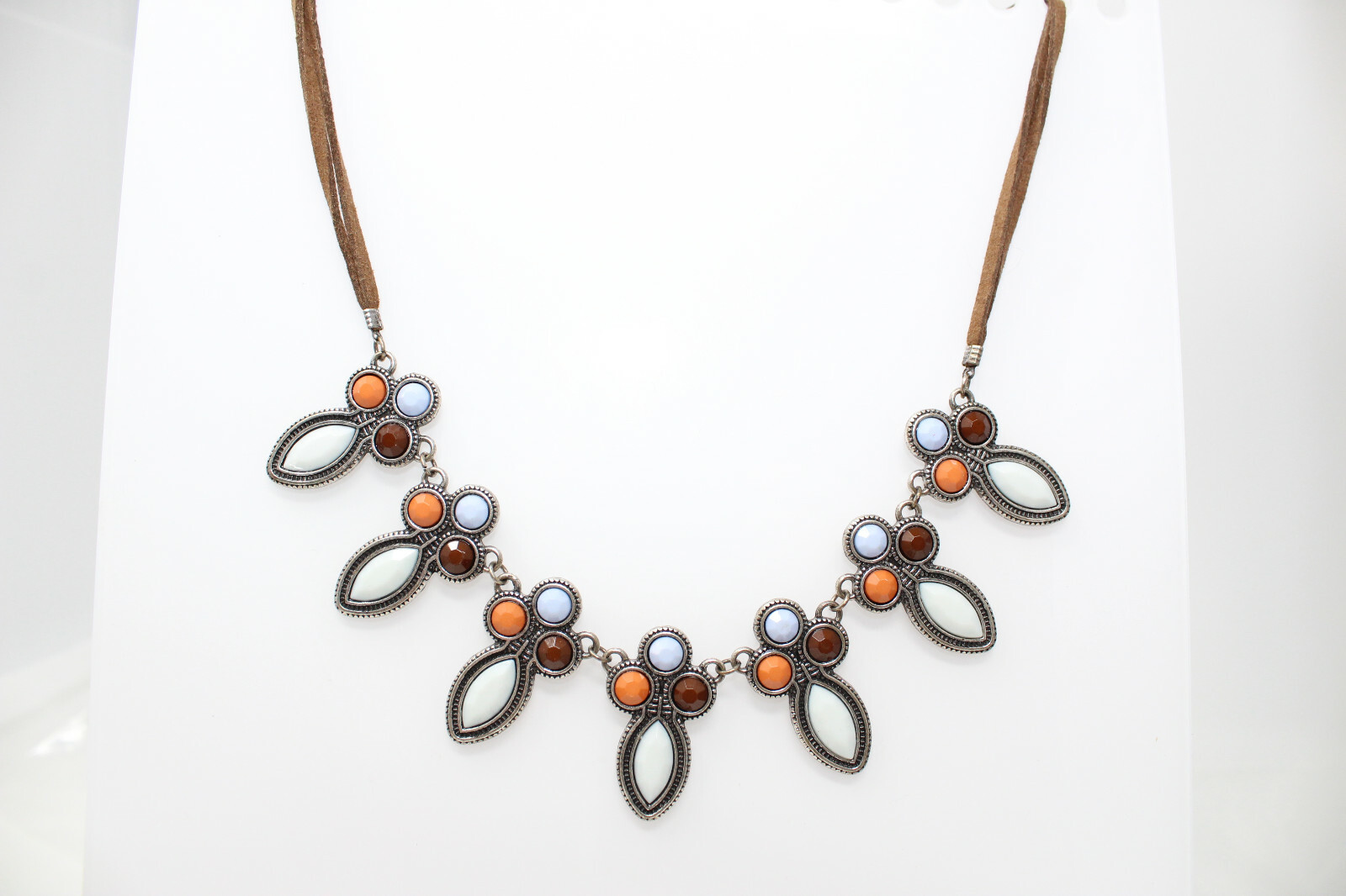 Pretty Silvertone & Leather Cord Rhinestone 19-22″ Necklace