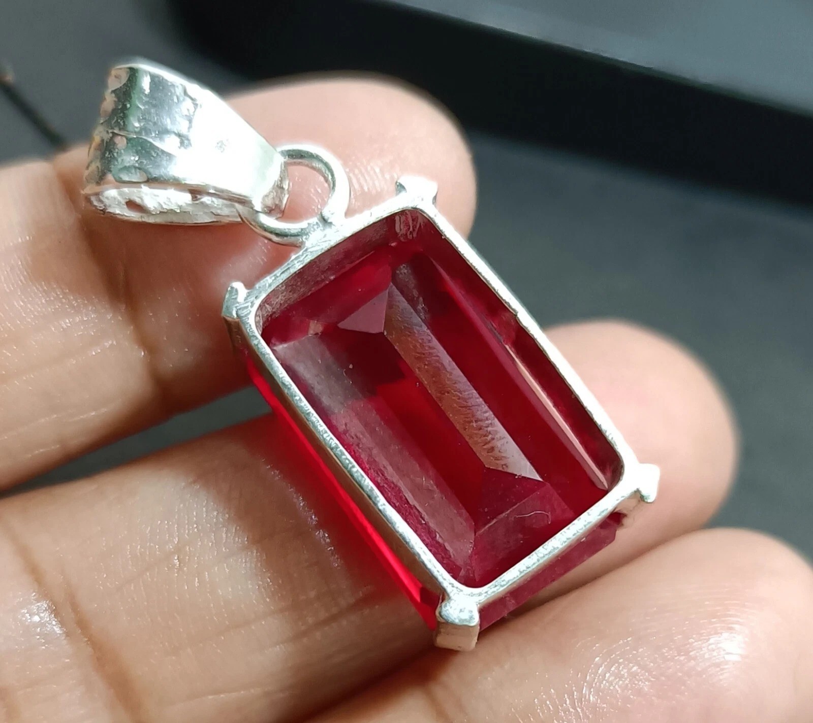 Red Ruby Emerald Cut 30.24 Ct 925 Solid Silver Burma Pendant Natural Gemstone