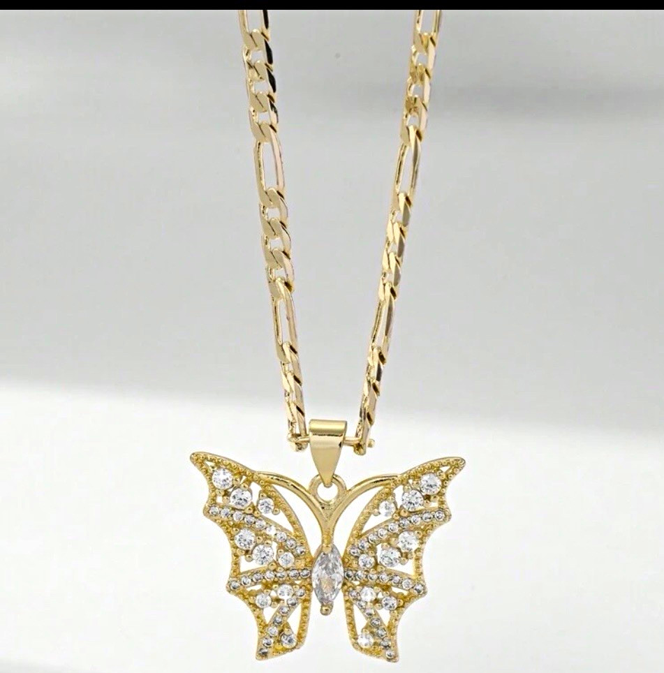 Yellow Gold Plated Butterfly Charm Pendant Necklace, Simulated Diamond Pavé