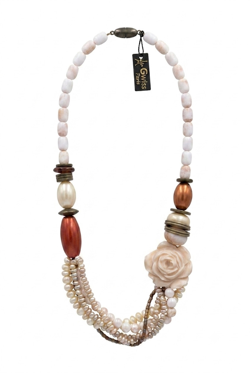 Elegant Layered Beaded Statement Necklace, Floral Accent Fashion Jewelry
