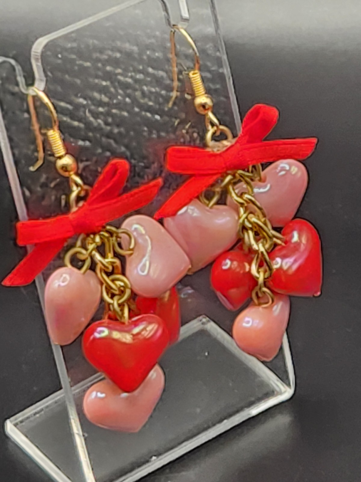 Red Pink Heart Cluster Dangle Earrings w/ Ribbon Bows Valentine Kawaii 9.3g