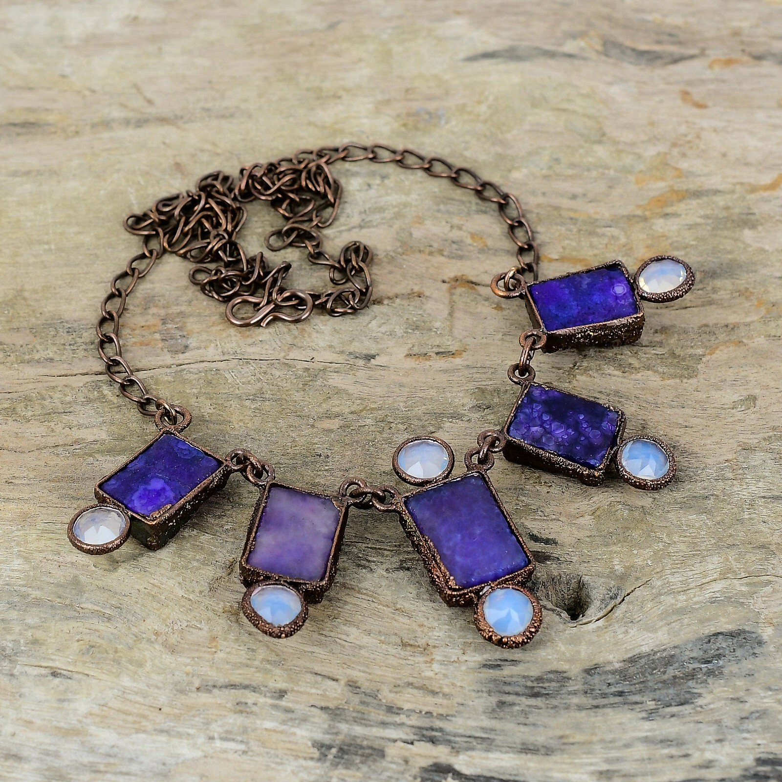 Purple Druzy Copper Friend Gift Electroformed Chain Adjustable Necklace 18.0″