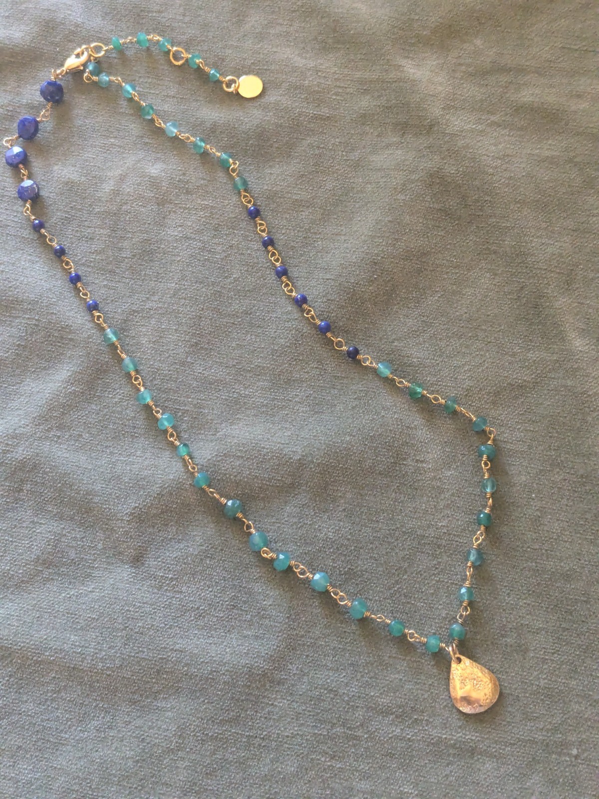 Stella and Dot rosary chain necklace green blue goldtone 16″ 18″ layering fairy