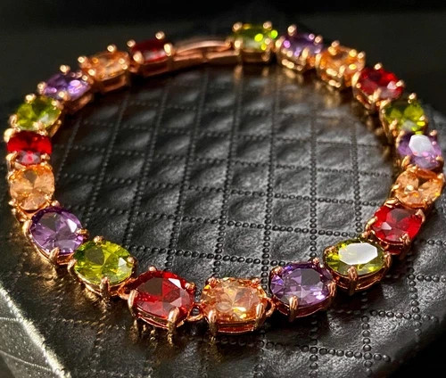 27 CTW Multicolor Gemstone Tennis Bracelet 18K Rose Gold Plated Women Jewelry