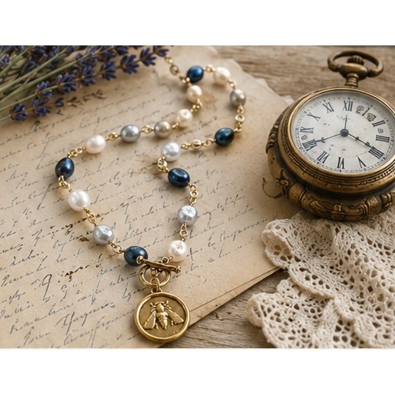 Handmade Bee Medallion Pearl Necklace 16” Gold Tone Blue Gray Ivory Pearls