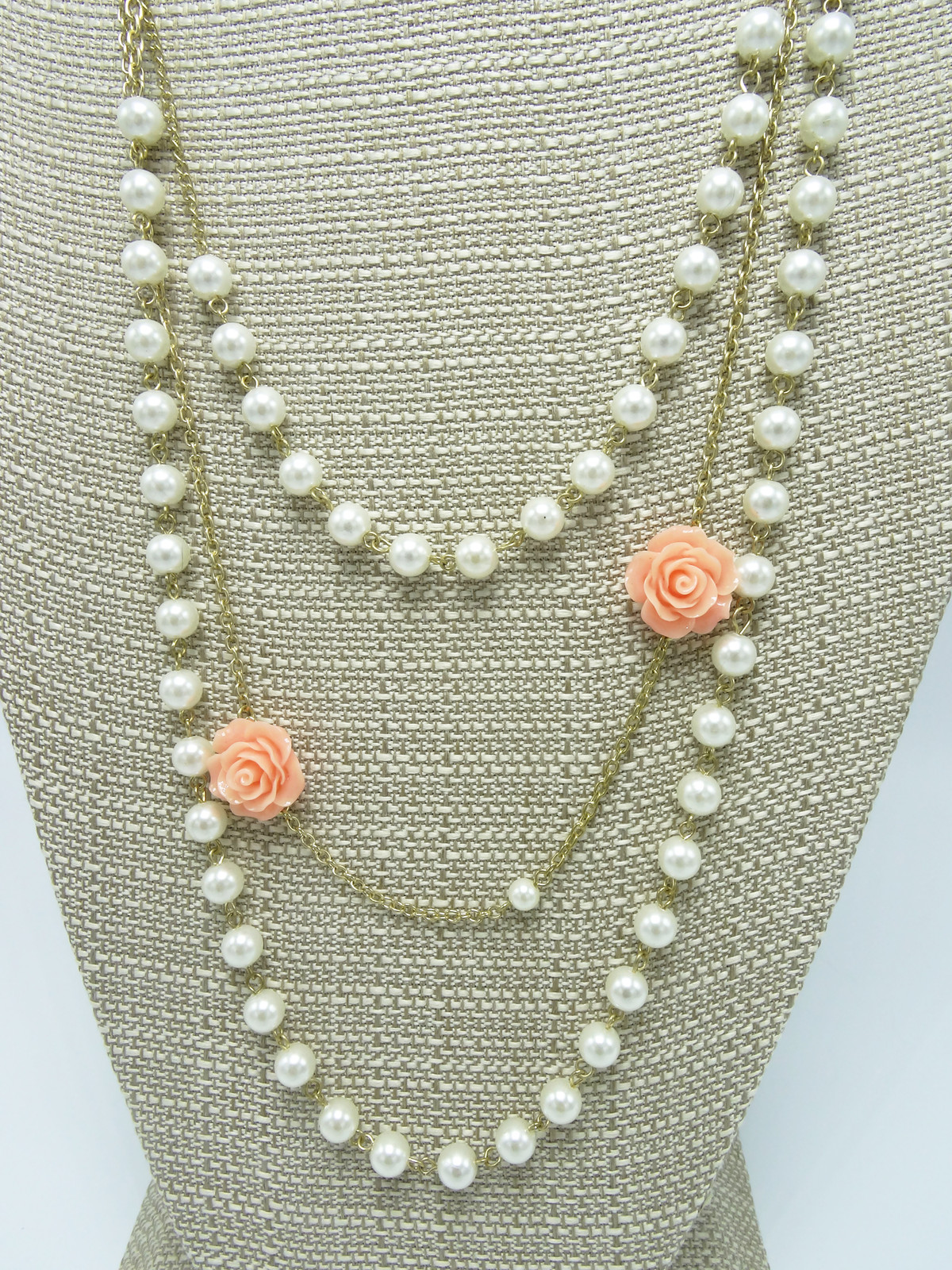 New Retro Simulated Pearl & Peach Roses on Gold Chain Necklace #N2598