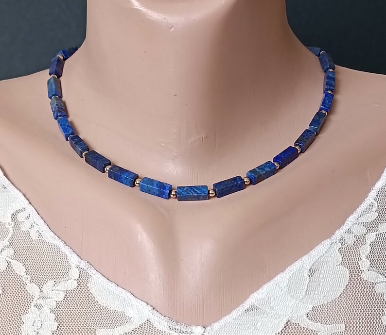 Natural Lapis Lazuli Smooth Rectangle Gemstone Beads Gold Filled Necklaces 18”