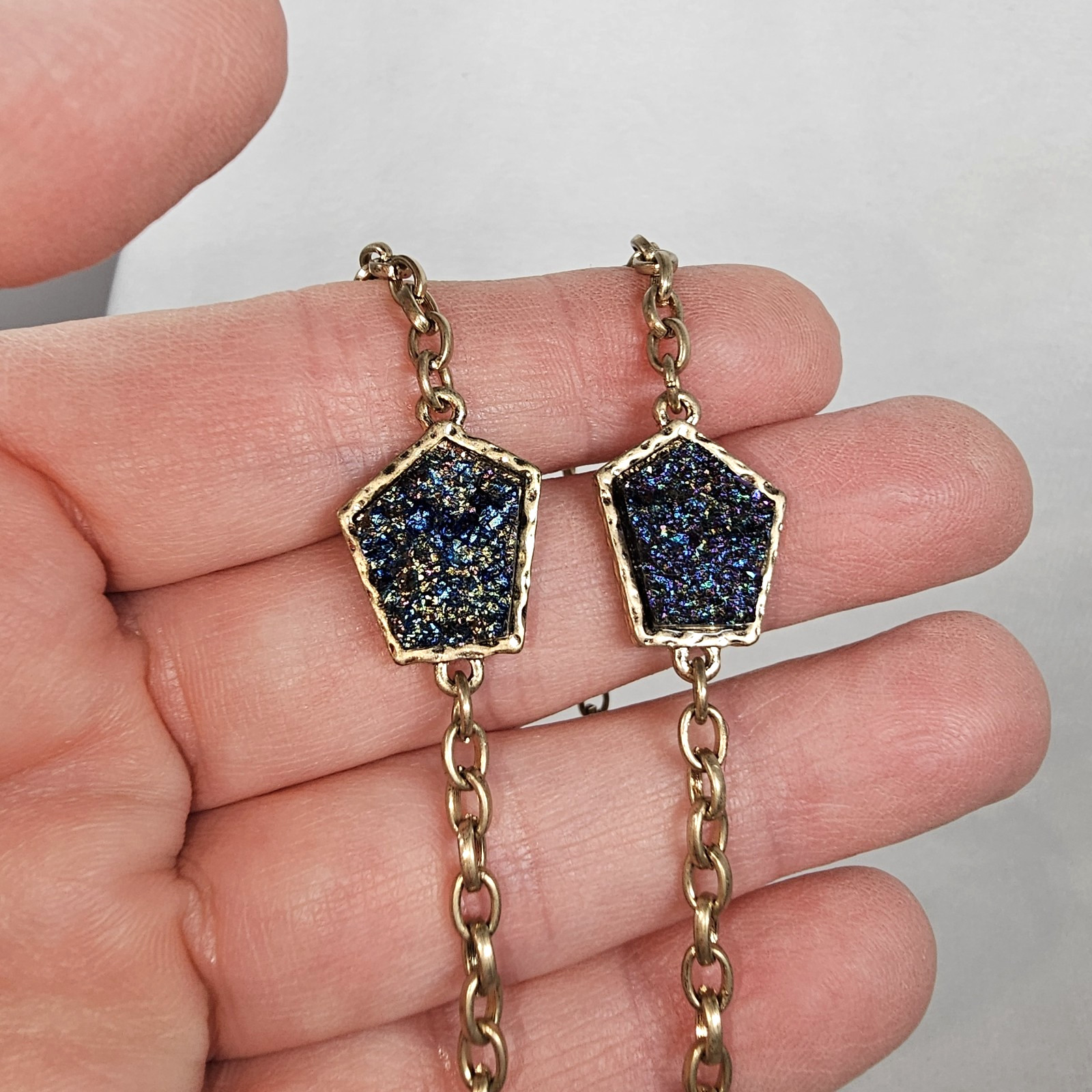 Charming Charlie BLUE DRUZY STONE NECKLACE 34″ Long Gold Tone MATCHING EARRINGS